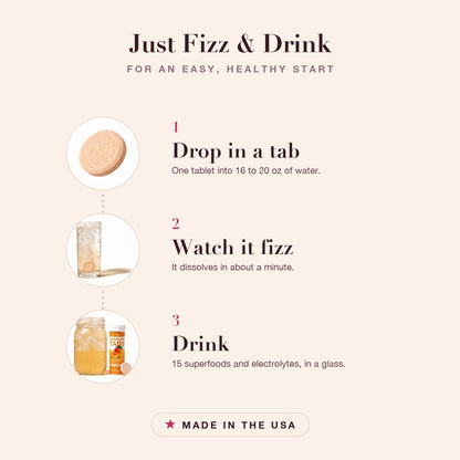How to take Superfood Tabs in three steps: drop one tablet into 16 to 20 oz of water, watch it fizz, and drink