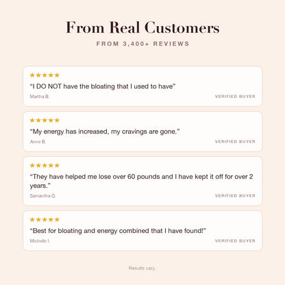 Four five-star reviews from verified Superfood Tabs buyers about bloating, cravings, energy and weight