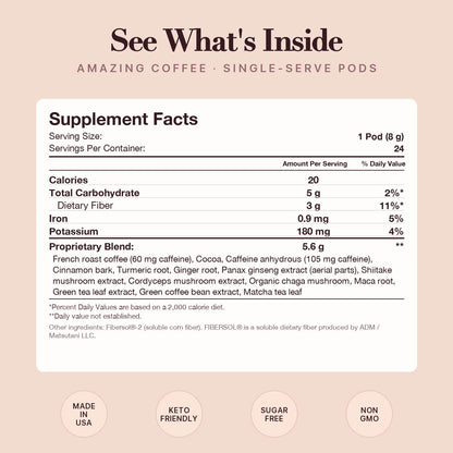 Amazing Coffee K-Cups supplement facts: 20 calories, 5.6g proprietary superfood blend, 165mg caffeine per pod