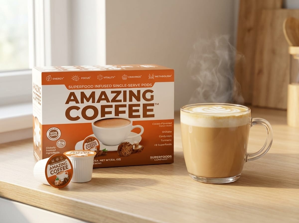 Amazing Coffee K-Cups box beside a freshly brewed latte on a sunlit kitchen counter
