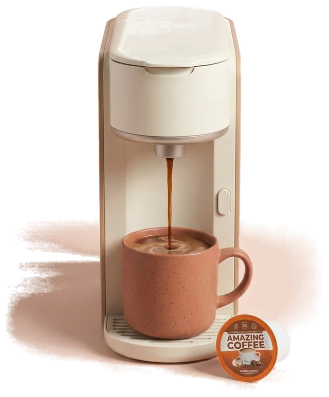 A single-serve brewer pouring Amazing Coffee into a speckled terracotta mug, with an Amazing Coffee pod in the foreground