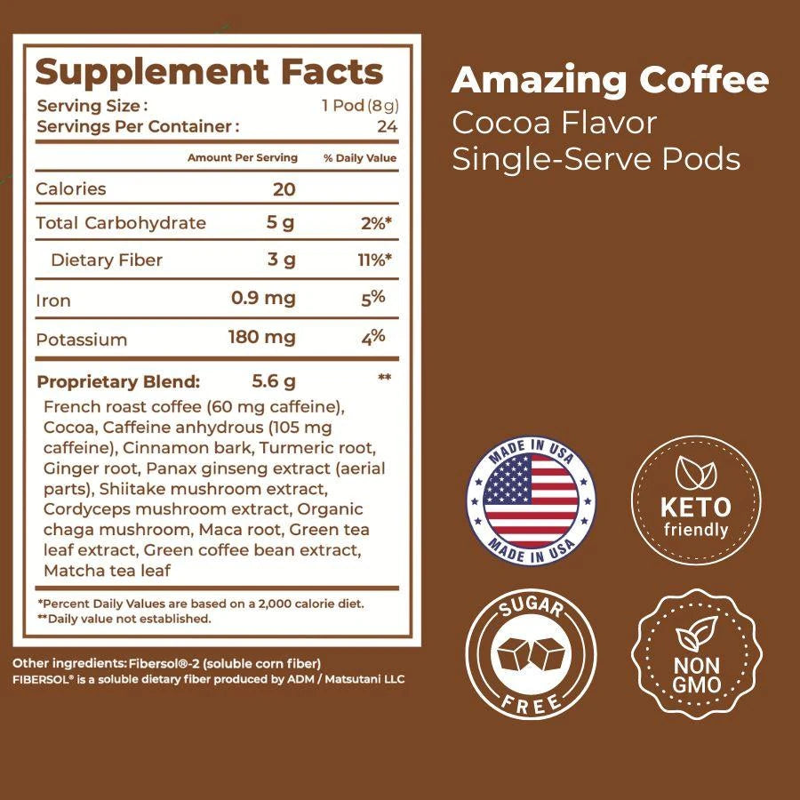 Supplement facts panel for Cocoa Amazing Coffee Pods