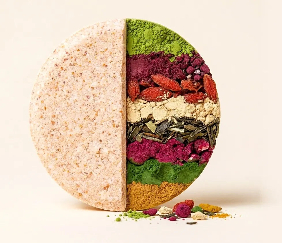 A Superfood Tabs tablet cut in half, showing layers of matcha, beet, goji berries, ginger, green tea, pomegranate and chlorella packed inside
