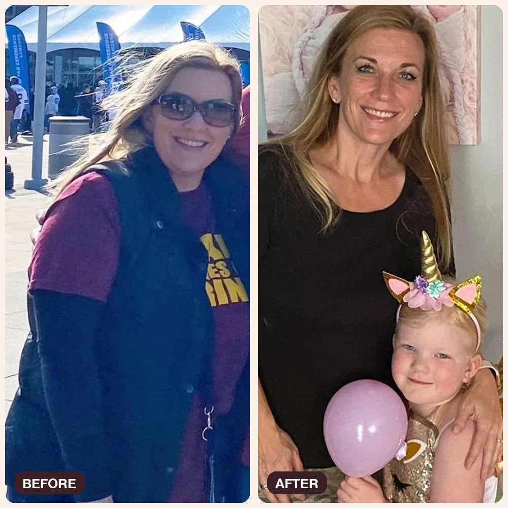 Before and after photos of a Superfood Tabs customer