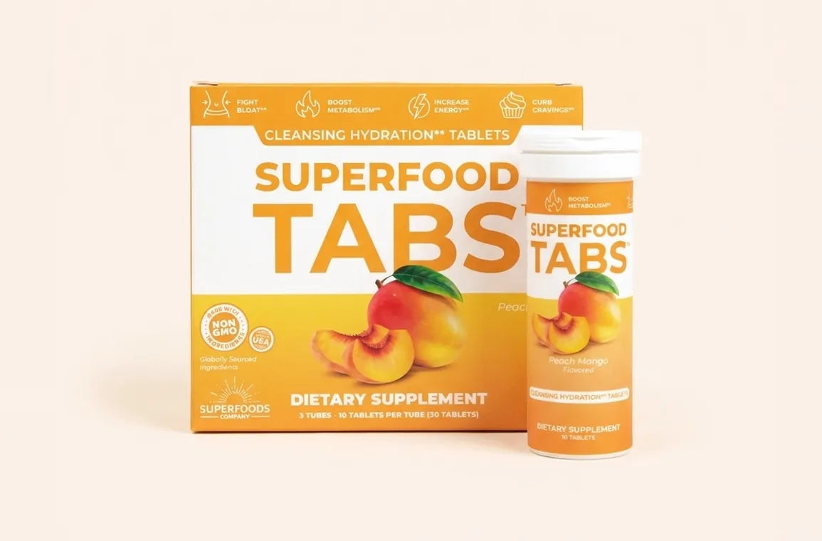 A Superfood Tabs Peach Mango carton beside its tablet tube